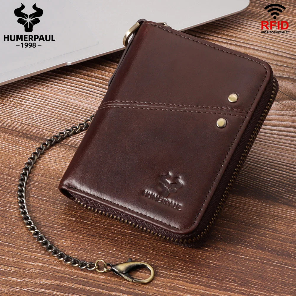 Genuine Leather Men's Wallet With Anti-theft Chain