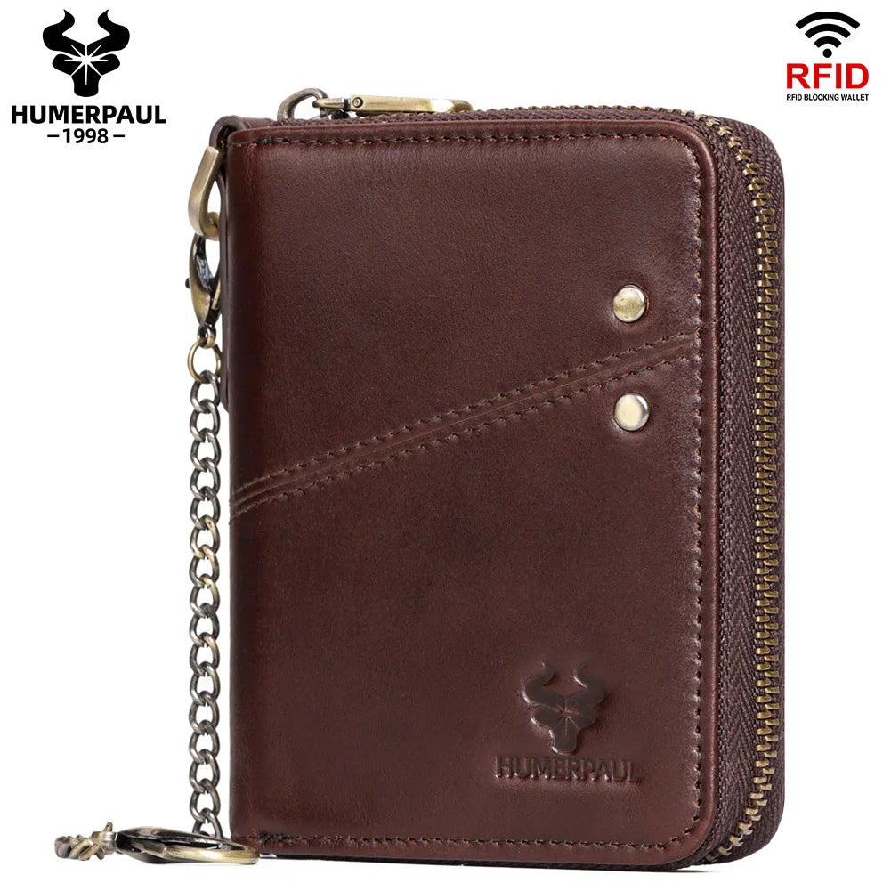Genuine Leather Men's Wallet With Anti-theft Chain