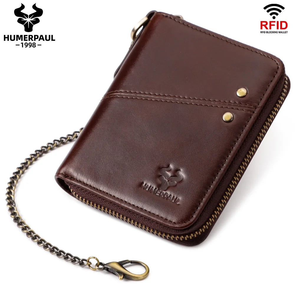Genuine Leather Men's Wallet With Anti-theft Chain